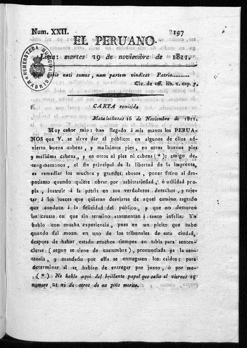 El Peruano. Lima: martes 19 de noviembre de 1811