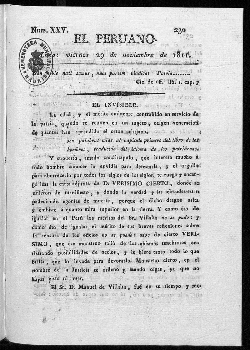 El Peruano. Lima: viernes 29 de noviembre de 1811