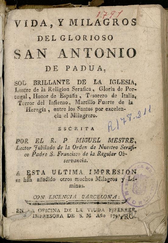 Vida y milagros del glorioso San Antonio de Padua 