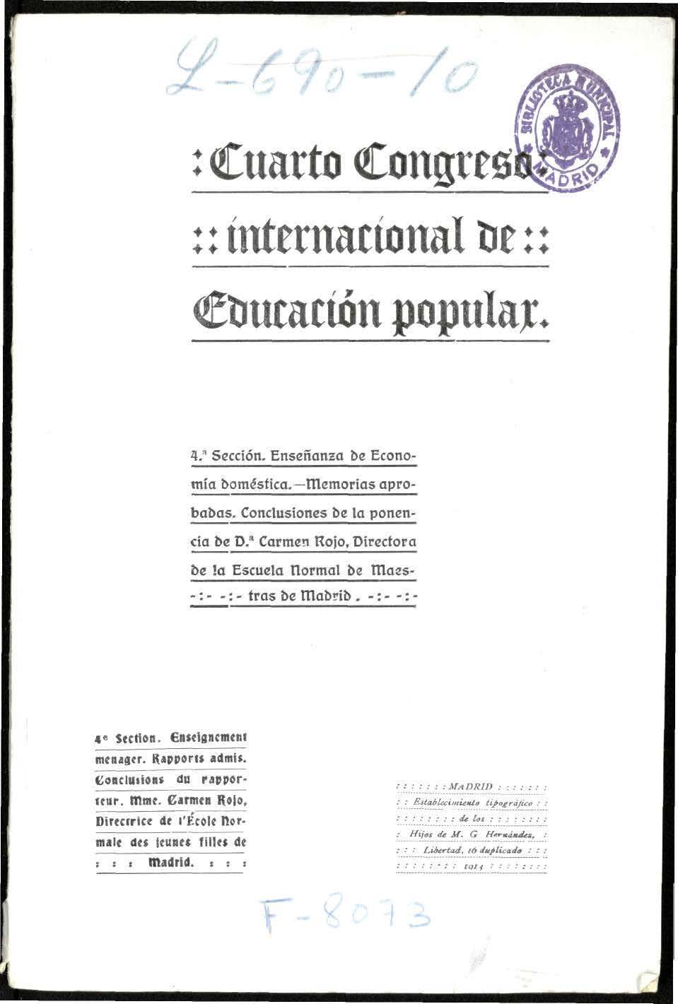 Cuarto Congreso Internacional de Educacin Popular : 4 seccin. Enseanza de Economa domstica...