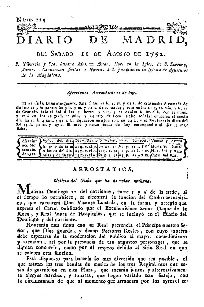 Crónica de la ascensión en globo de Vicente Lunardi del 12 de agosto de 1792
