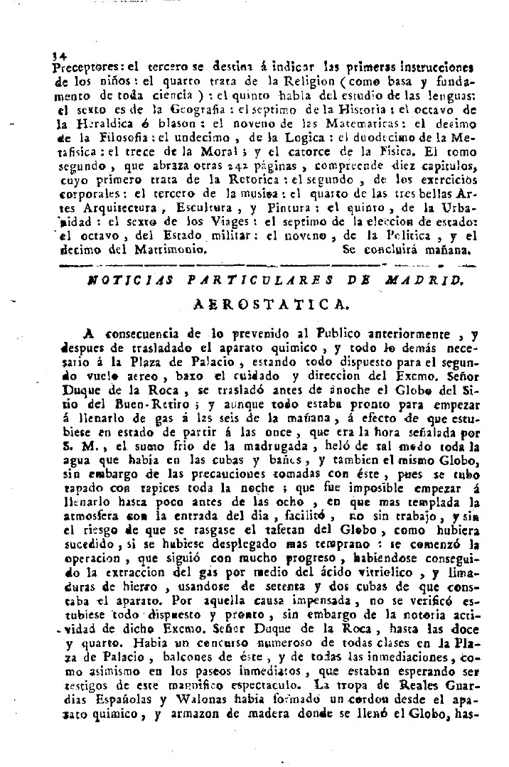 Crnica de la ascensin en globo de Vicente Lunardi del 8 de enero de 1793