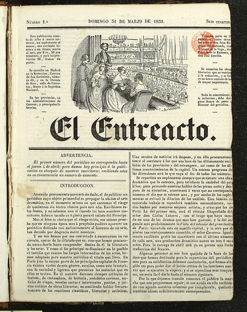 El Entreacto : Peridico de teatro, literatura y artes