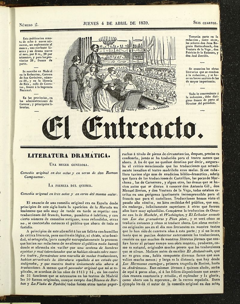 El Entreacto: Peridico de teatro, literatura y artes del 4 de abril de 1839