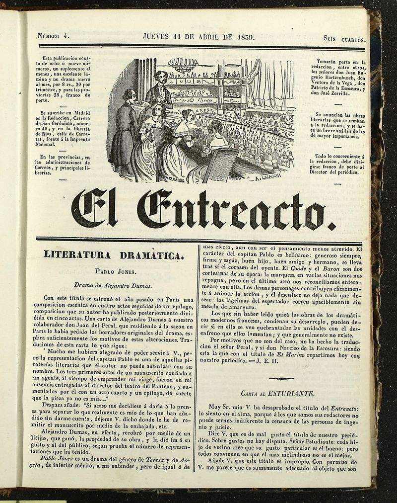 El Entreacto: Peridico de teatro, literatura y artes del 11 de abril de 1839
