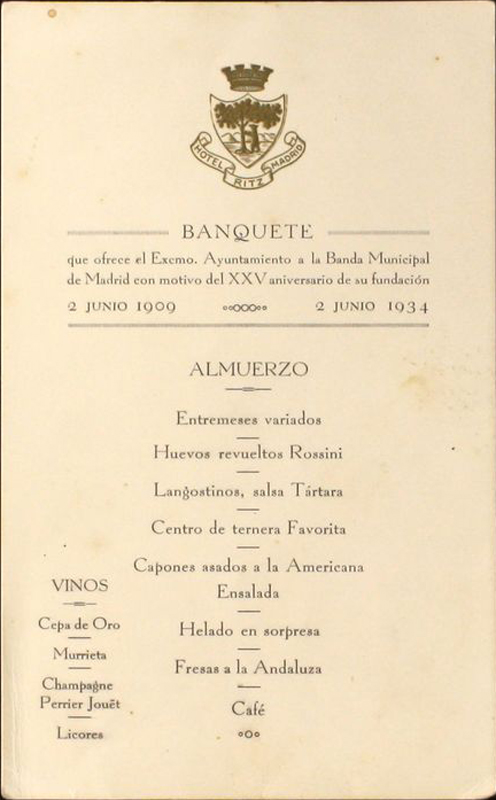 Menú del banquete ofrecido por el Ayuntamiento de Madrid a la Banda Municipal con motivo del XXV aniversario de su fundación (2 junio 1909 - 2 junio 1934)