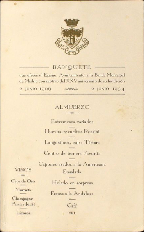 Men del banquete ofrecido por el Ayuntamiento de Madrid a la Banda Municipal con motivo del XXV aniversario de su fundacin (2 junio 1909 - 2 junio 1934)