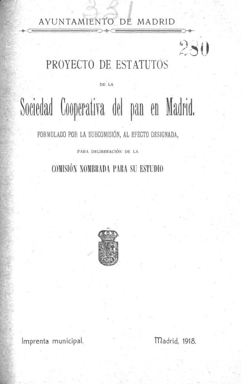 Proyecto de estatutos de la Sociedad Cooperativa del pan en Madrid