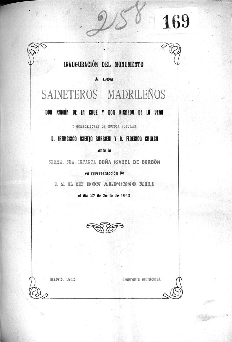 Inauguracin del monumento a los saineteros madrileos D. Ramn de la Cruz y D. Ricardo de la Vega