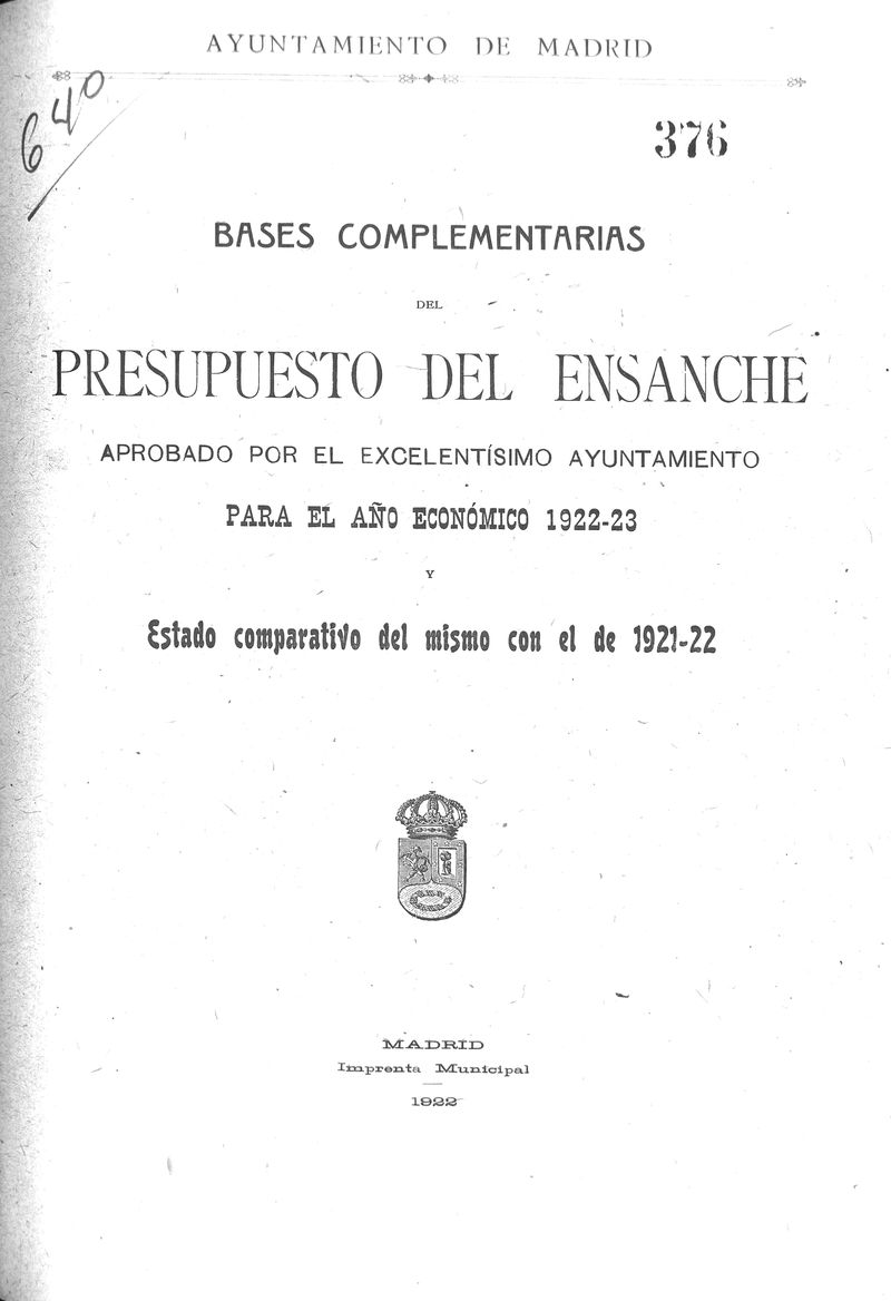 Presupuesto de ensanche para el año económico 1922-23 