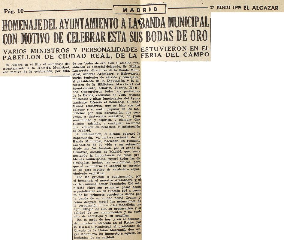 Homenaje del Ayuntamiento de Madrid a la Banda Municipal con motivo de celebrar sta su Bodas de Oro