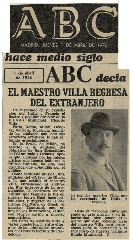 Hace medio siglo, 1 de abril de 1926, ABC deca: El maestro Villa regresa del extranjero