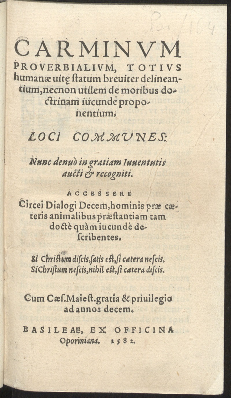 Carminum proverbialium totius humanae uit[a]e statum breuiter delineantium, necnon utilem de moribus doctrinam iucunde proponentium