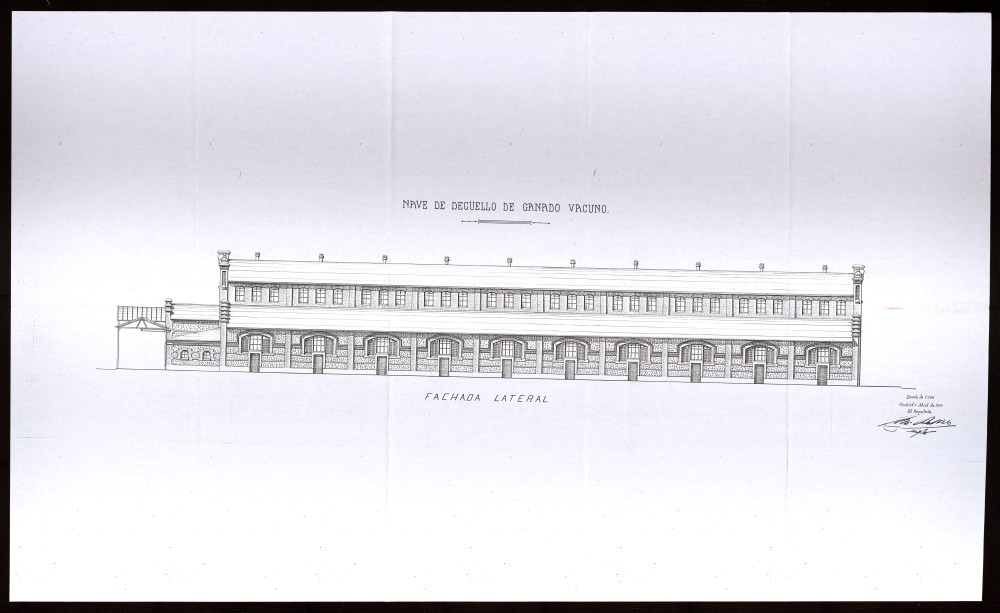 Fachada lateral de la nave de degello de Ganado Vacuno del Matadero de Madrid