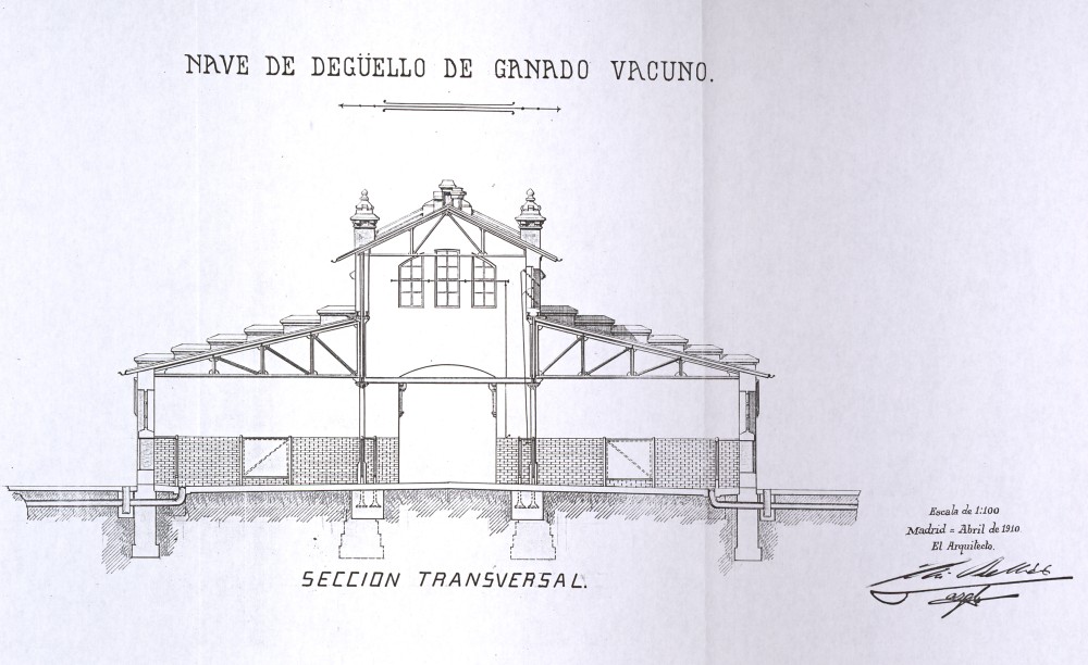 Seccin transversal de la nave de degello de Ganado Vacuno del Matadero de Madrid