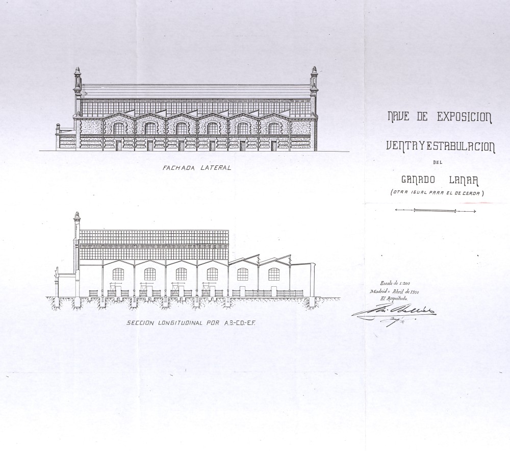 Fachada lateral y seccin longitudinal de la nave de exposicin, venta y estabulacin del ganado lanar del Matadero de Madrid