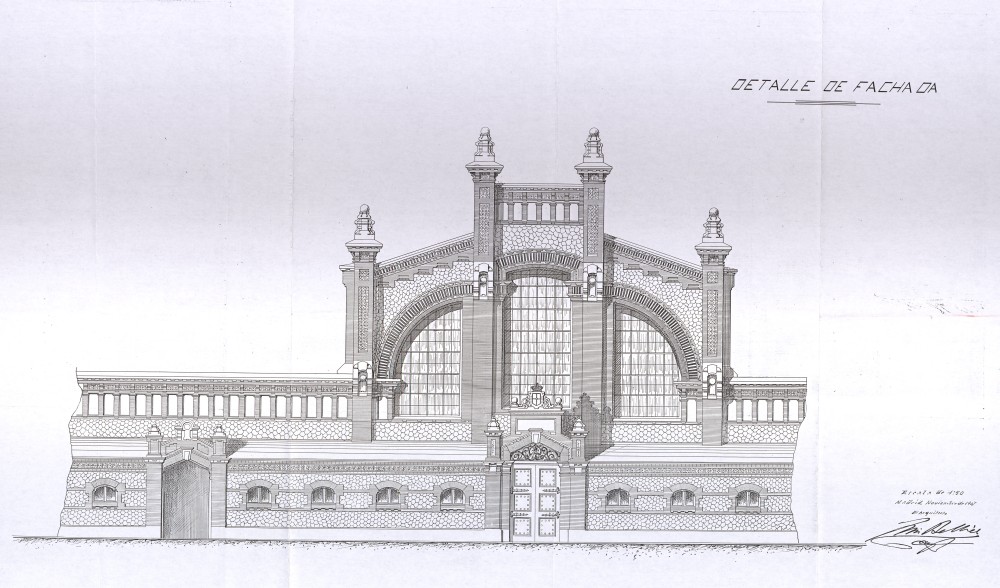 Detalle de la fachada de la nave de exposicin, venta y estabulacin del ganado lanar del Matadero de Madrid
