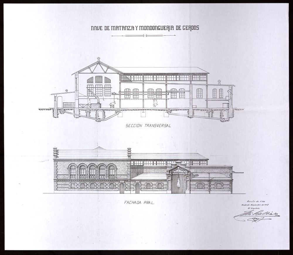 Fachada principal y seccin transversal de la nave de matanza y mondonguera de cerdos del Matadero de Madrid