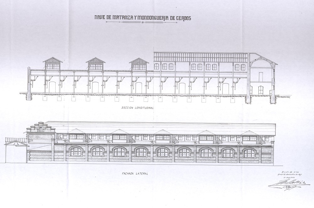 Fachada lateral y seccin longitudinal de la nave de matanza y mondonguera de cerdos del Matadero de Madrid