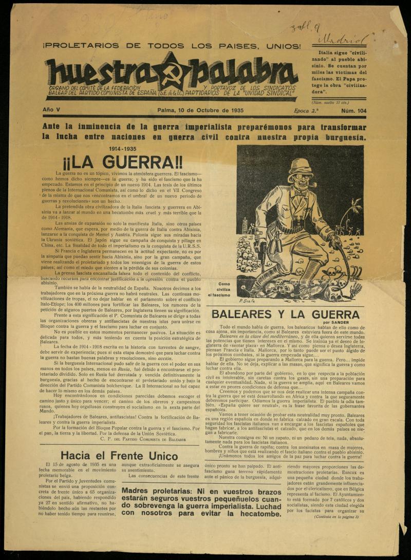 Nuestra palabra : rgano de la Federacin balear del Partido Comunista de Espaa (S.E. de la I. C.) y portavoz de los Sindicatos partidarios de la Unidad Sindical