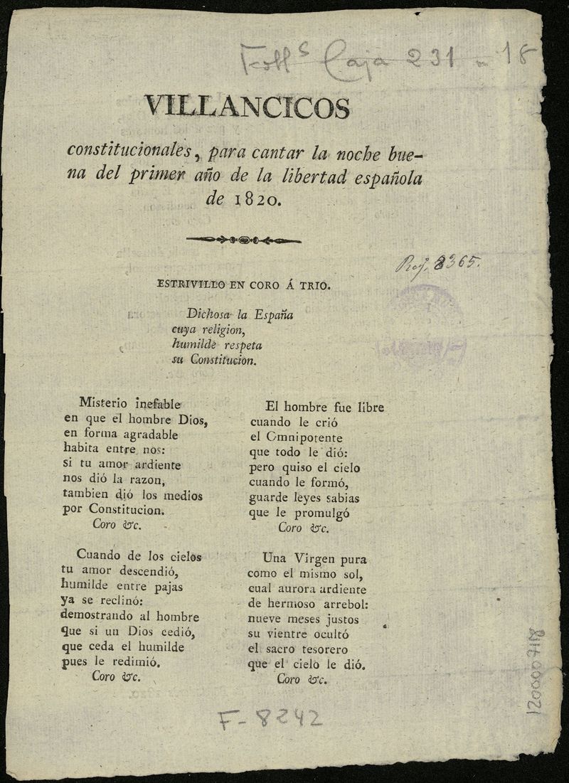 Villancicos constitucionales, para cantar la noche buena del primer ao de la libertad espaola de 1820
