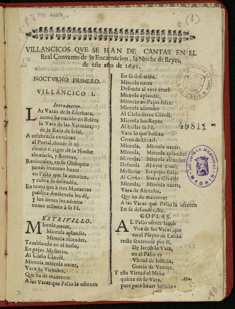 Villancicos que se han de cantar en el Real convento de la Encarnacin de la noche de reyes, 1691