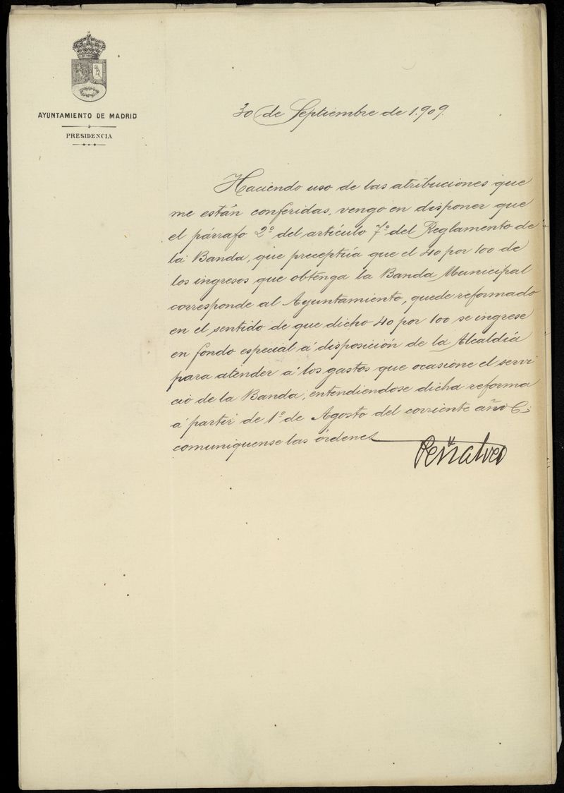 Expediente con rdenes del alcalde en relacin a la reforma del artculo 7 del reglamento de la Banda Municipal referente al reparto de los ingresos que se obtengan (1909)