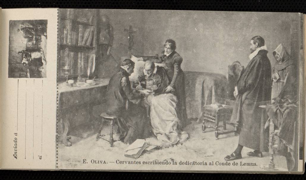 E. Oliva: Cervantes escribiendo la dedicatoria al conde de Lemos