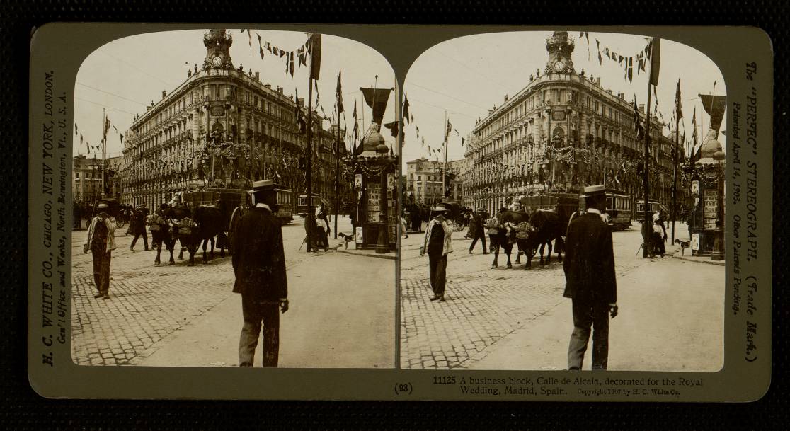 A business block, Calle de Alcala, decorated for the Royal Wedding