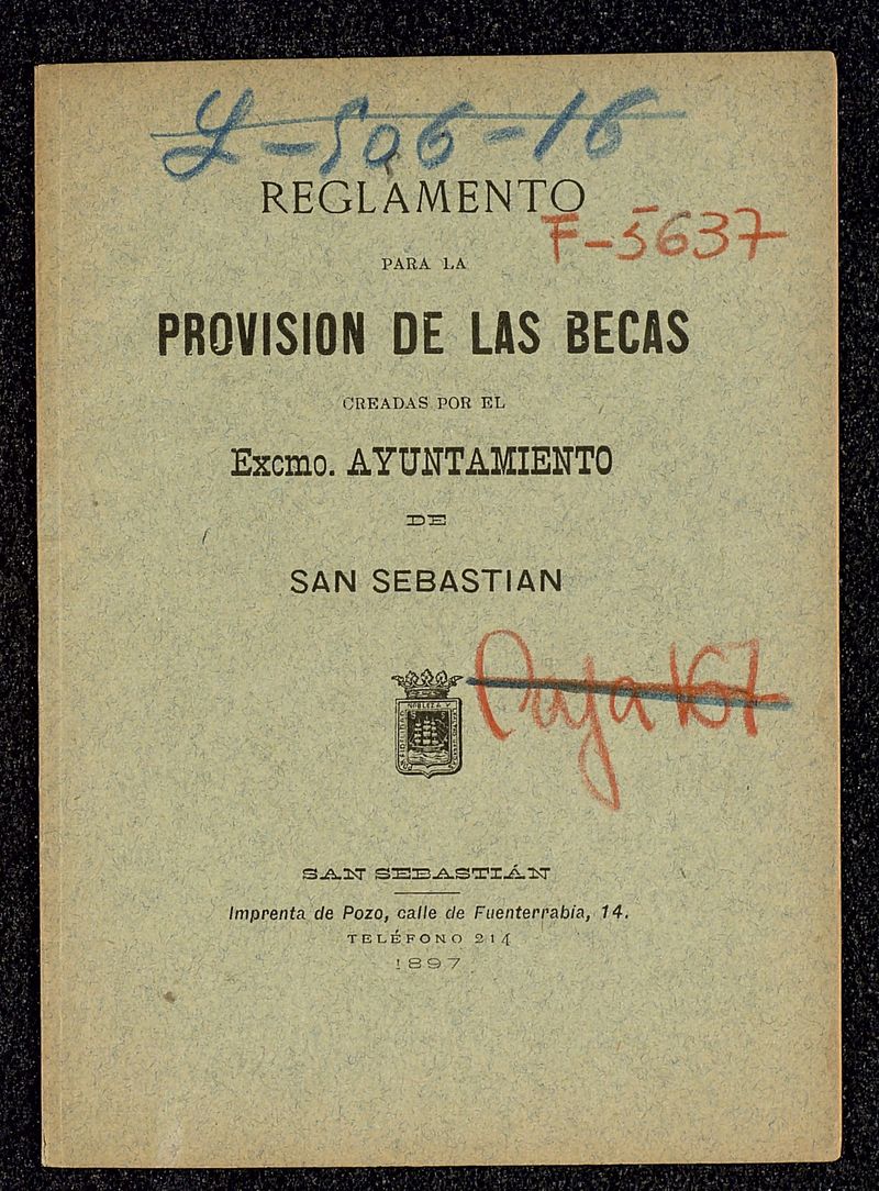 Reglamento para la provisión de las becas creadas por el Excmo. Ayuntamiento de San Sebastián