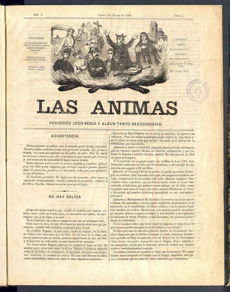 Las nimas: Peridico joco-serio y un tanto reaccionario. Lunes 8 de marzo de 1869