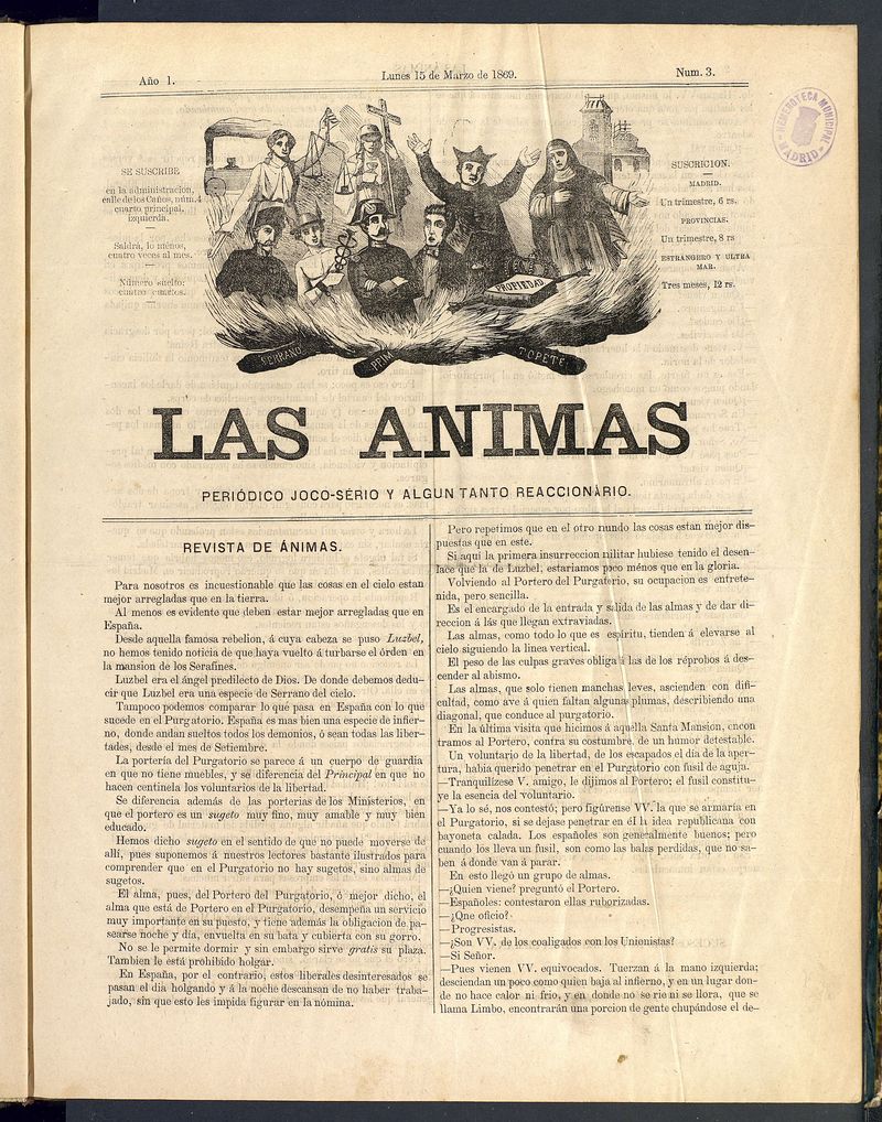 Las nimas: Peridico joco-serio y un tanto reaccionario. Lunes 15 de marzo de 1869