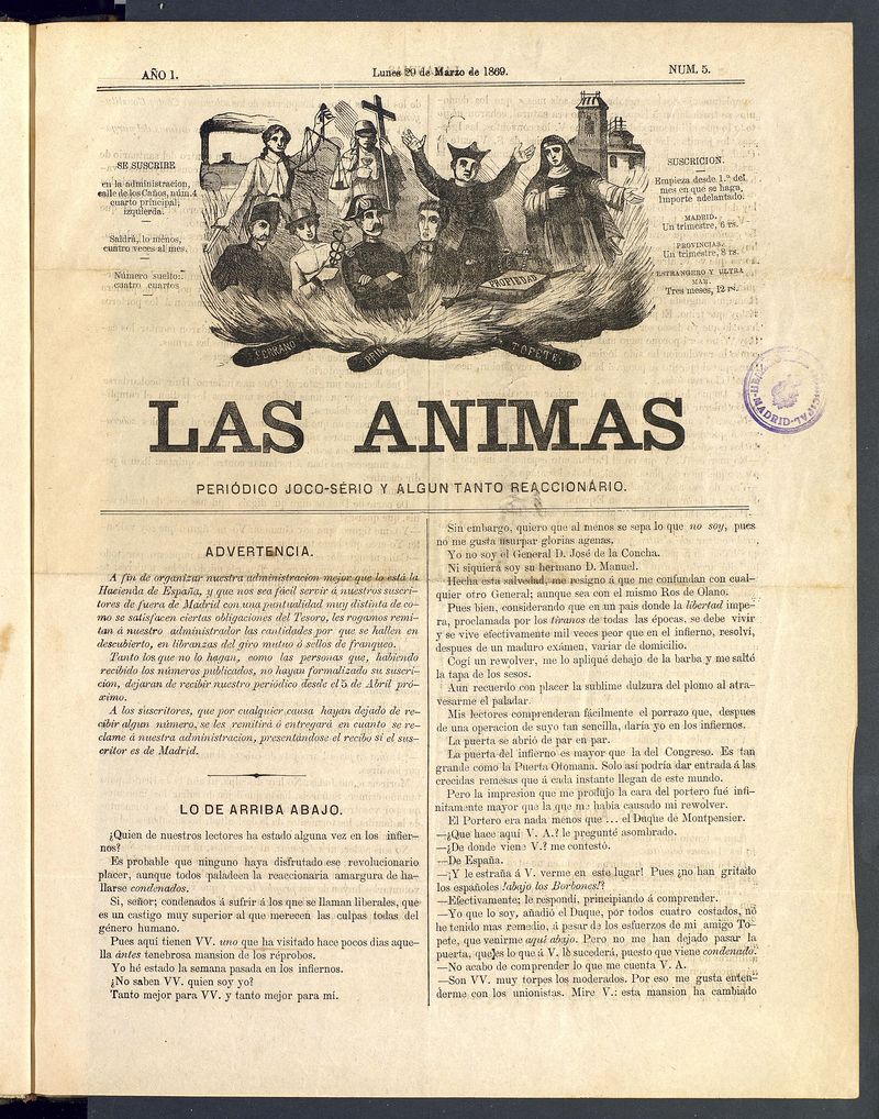 Las nimas: Peridico joco-serio y un tanto reaccionario. Lunes 29 de marzo de 1869