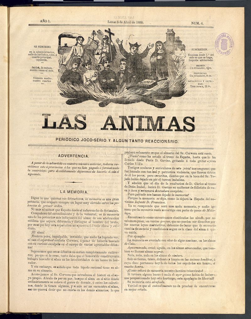 Las nimas: Peridico joco-serio y un tanto reaccionario. Lunes 5 de abril de 1869