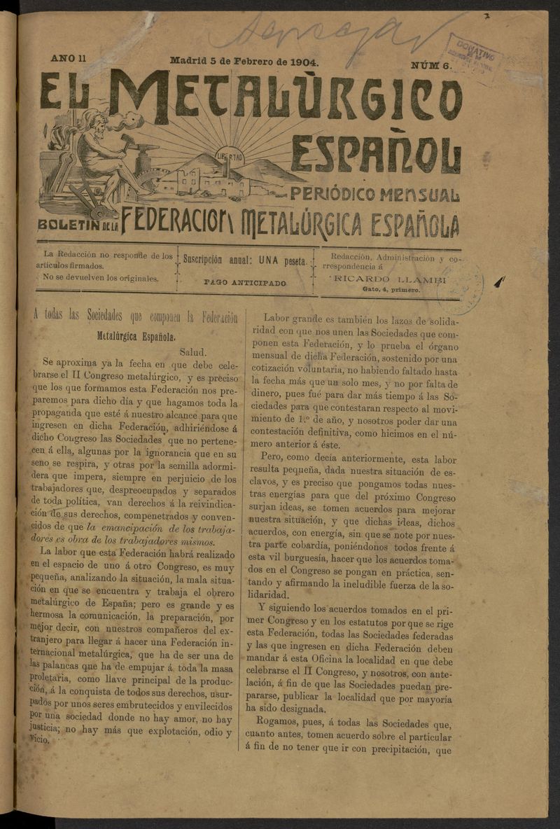 El Metalrgico Espaol: Boletn de la Federacin Metalrgica Espaola del 5 de febrero de 1904. Nmero 6