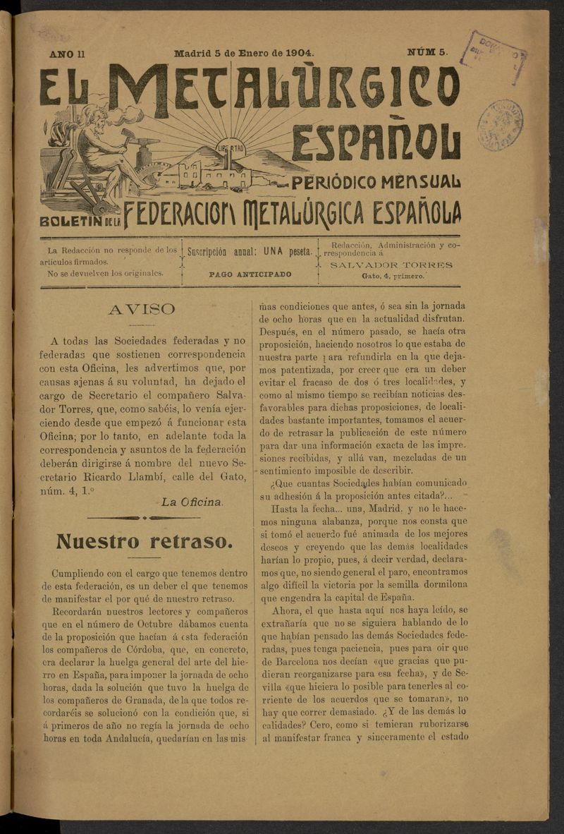 El Metalrgico Espaol: Boletn de la Federacin Metalrgica Espaola del 5 de enero de 1904. Nmero 5.
