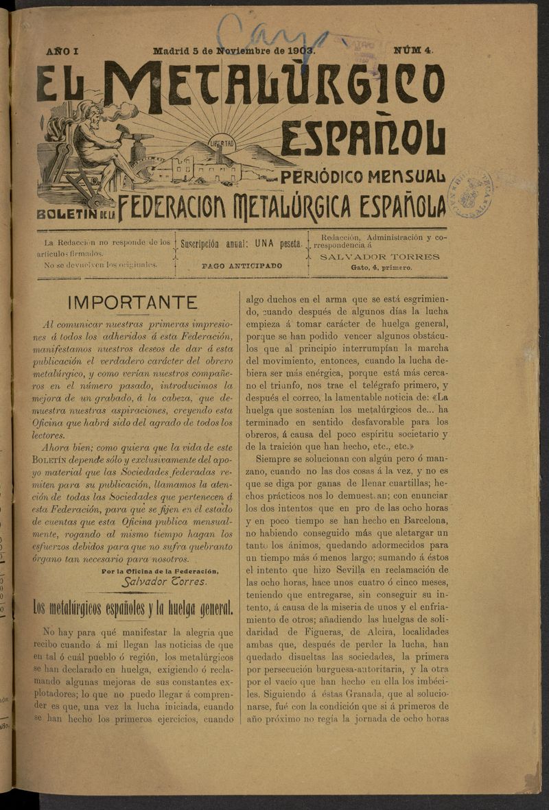 El Metalrgico Espaol: Boletn de la Federacin Metalrgica Espaola del 5 de noviembre de 1903. Nmero 4