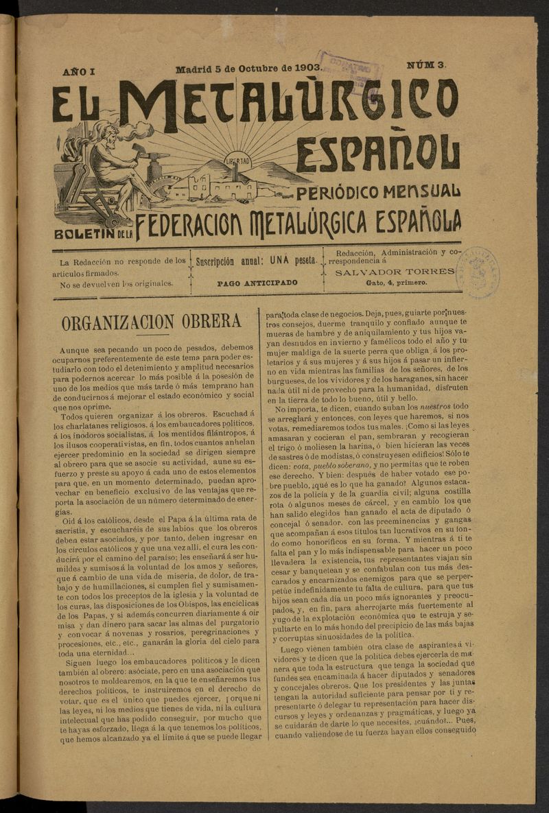 El Metalrgico Espaol: Boletn de la Federacin Metalrgica Espaola del 5 de octubre de 1903. Nmero 3
