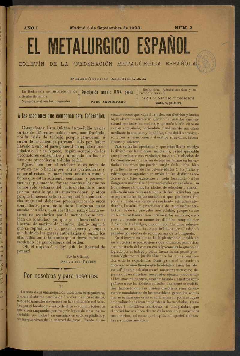 El Metalrgico Espaol: Boletn de la Federacin Metalrgica Espaola del 5 de septiembre de 1903. Nmero 2