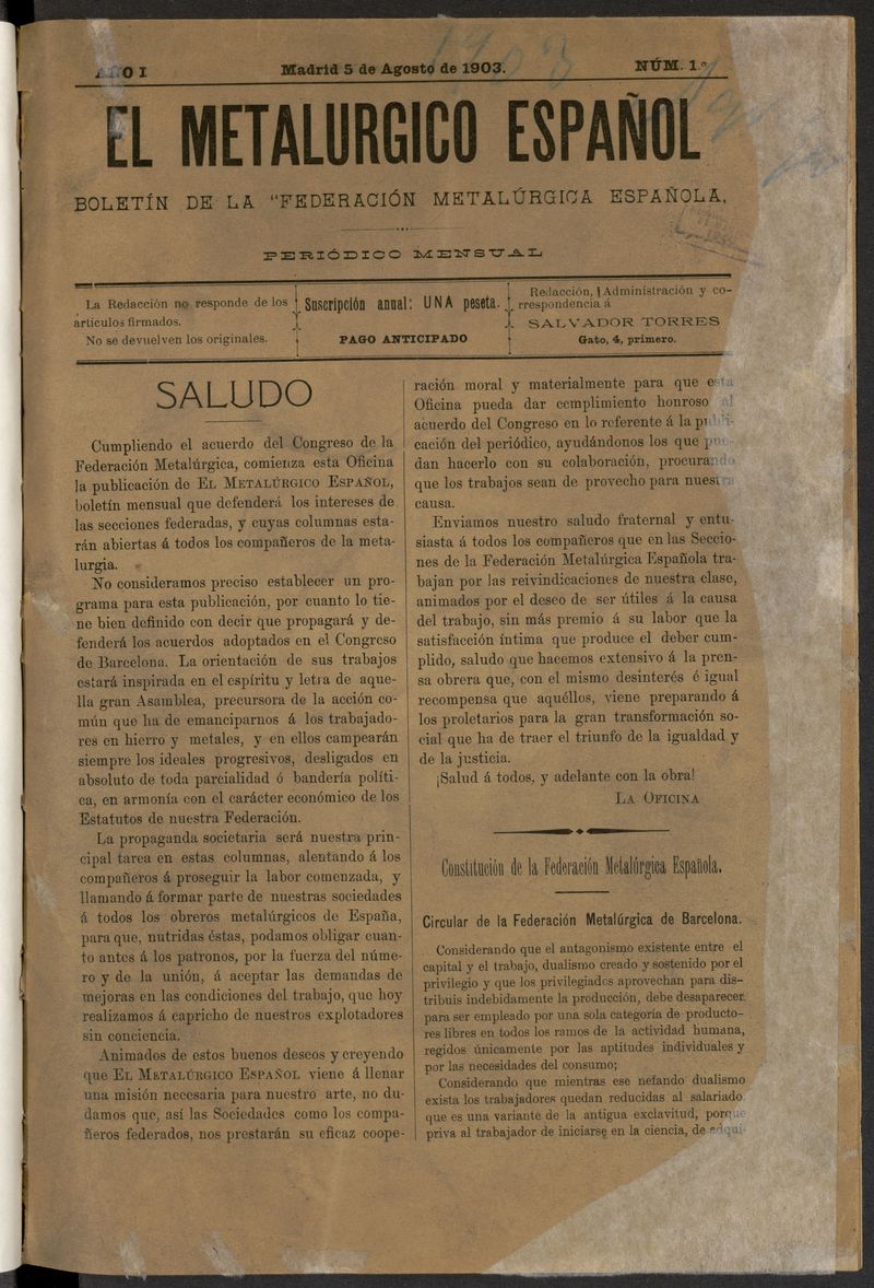 El Metalrgico Espaol: Boletn de la Federacin Metalrgica Espaola del 5 de agosto de 1903. Nmero 1