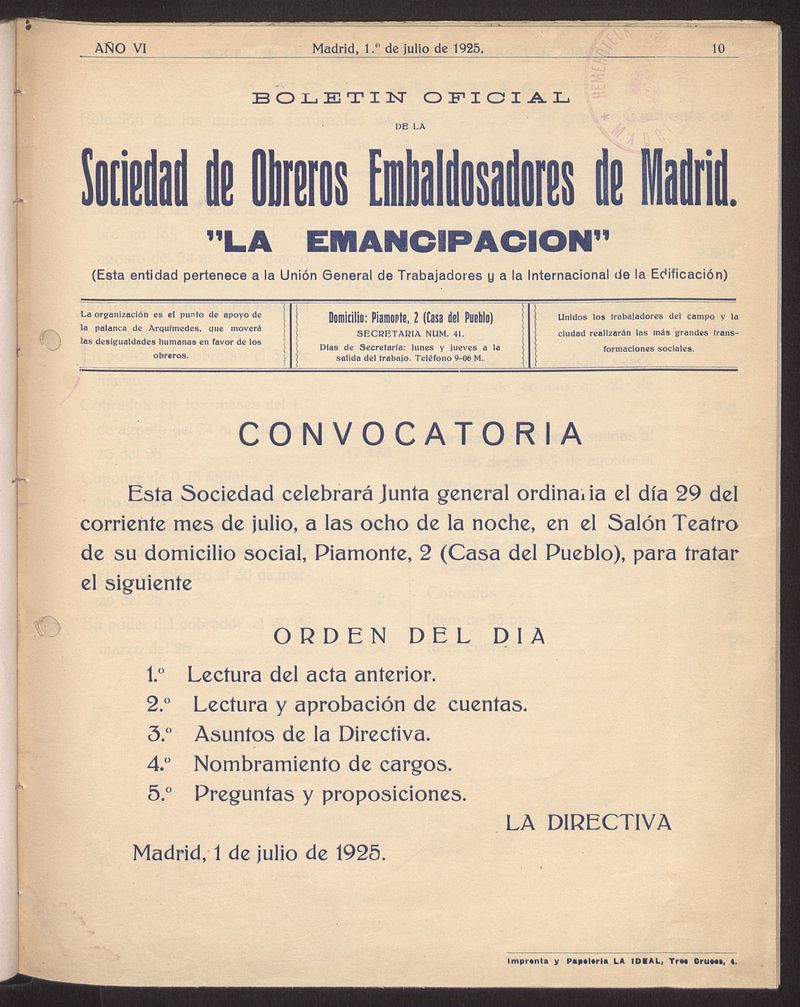 Boletn Oficial de la Sociedad de Obreros Embaldosadores de Madrid de julio de 1925. Nmero 10