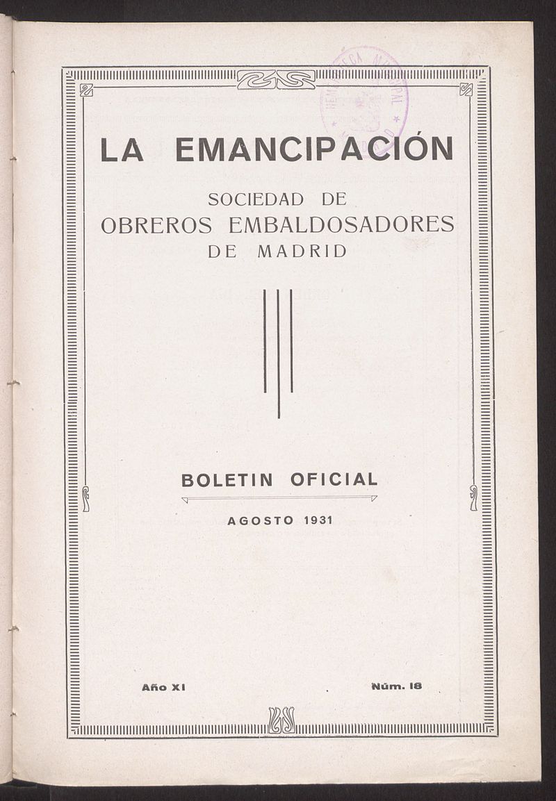 Boletn Oficial de la Sociedad de Obreros Embaldosadores de Madrid de agosto de 1931. Nmero 18