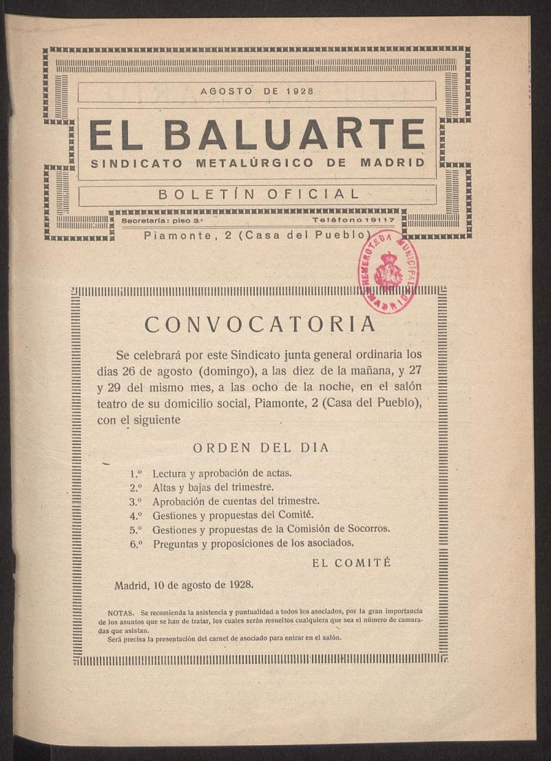 El Baluarte : Sindicato Metalrgico de Madrid de agosto de 1928