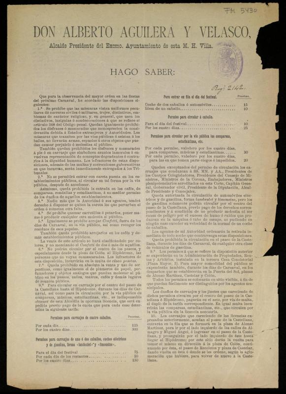 Bando de Carnaval dictado por el alcalde D. Alberto Aguilera, Madrid 1. de Febrero de 1910