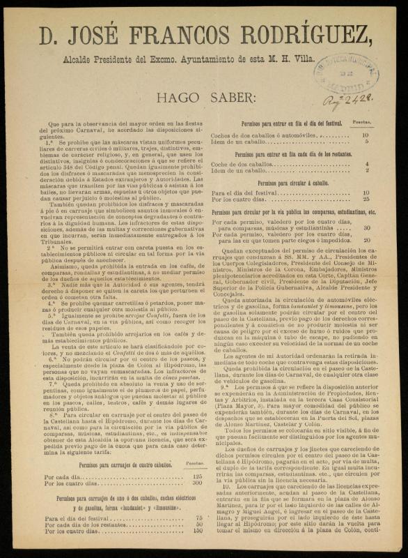 Bando del Alcalde D. Jos Francos Rodrguez dictando disposiciones sobre el Carnaval