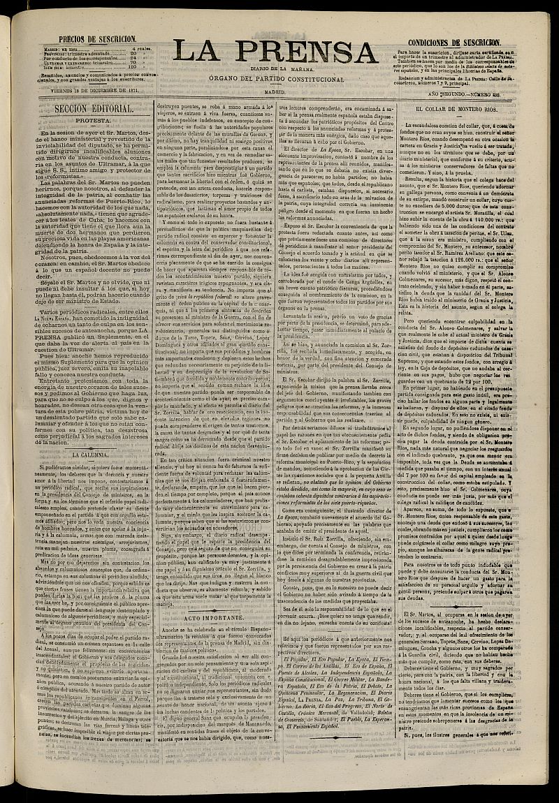 La Prensa : diario de la maana : poltico, literario y de noticias del 13 de diciembre de 1871, n 523