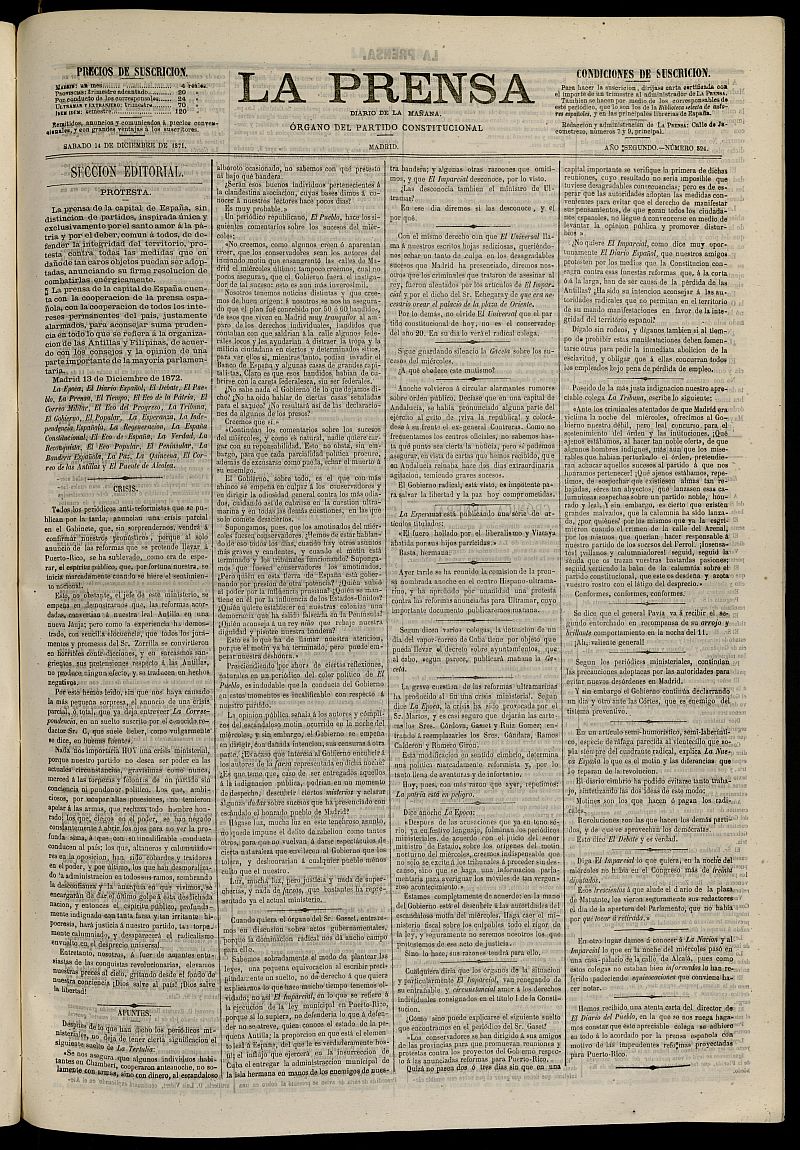 La Prensa : diario de la maana : poltico, literario y de noticias del 14 de diciembre de 1871, n 524