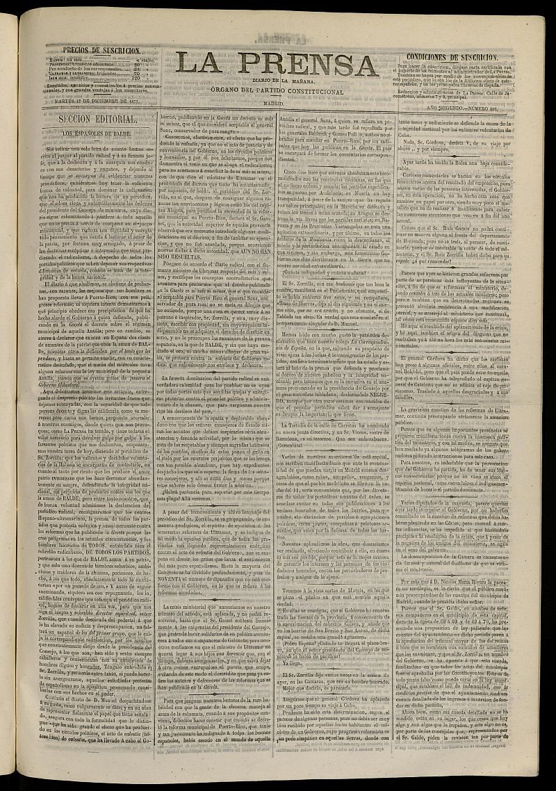 La Prensa : diario de la maana : poltico, literario y de noticias del 17 de diciembre de 1871, n 526