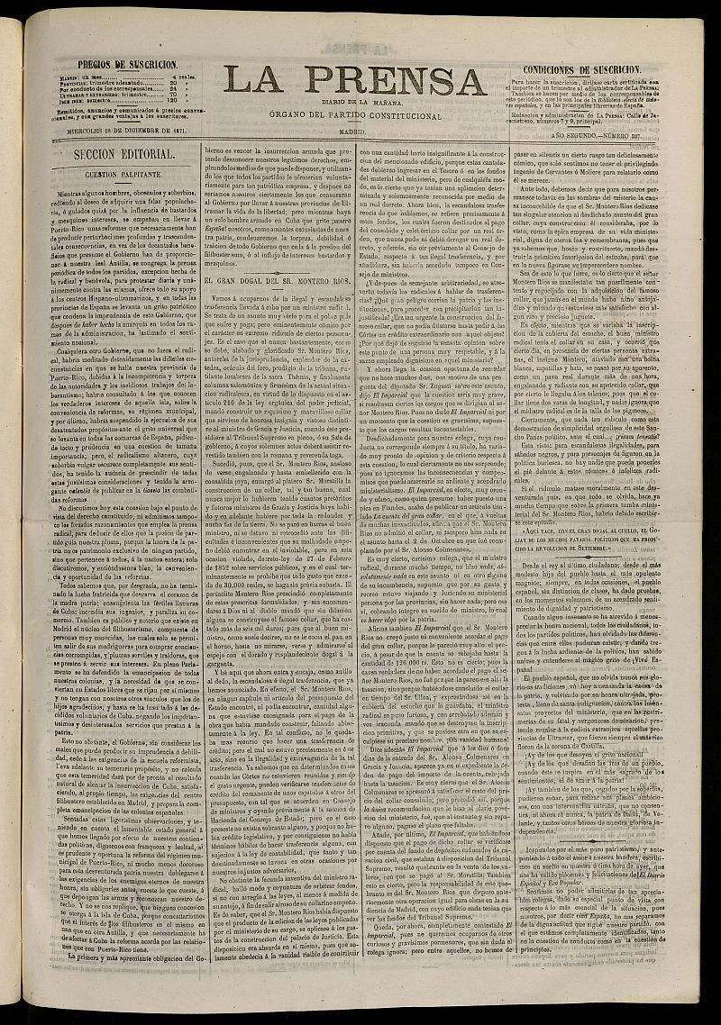 La Prensa : diario de la maana : poltico, literario y de noticias del 18 de diciembre de 1871, n 527