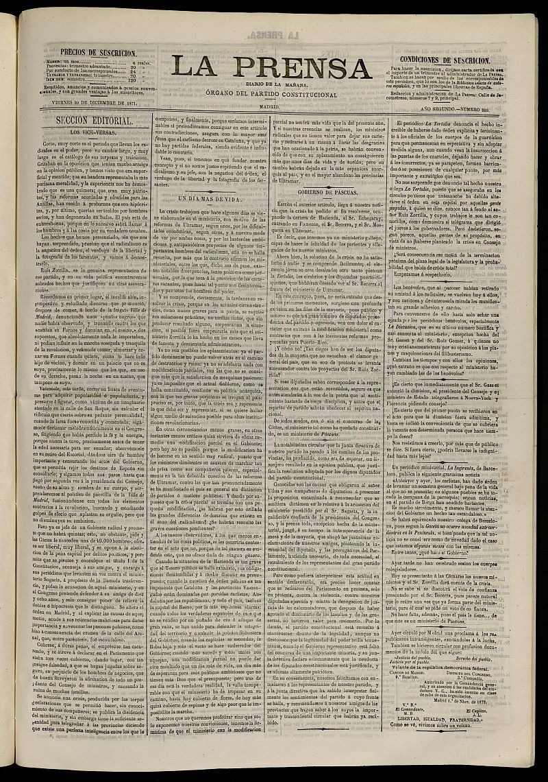 La Prensa : diario de la maana : poltico, literario y de noticias del 20 de diciembre de 1871, n 529